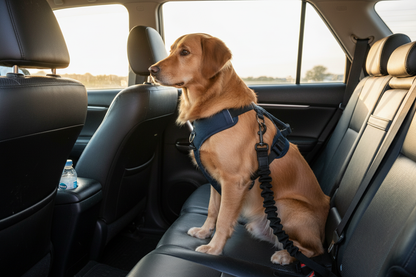 Calm dog buckled safely on Fortuner back seat
