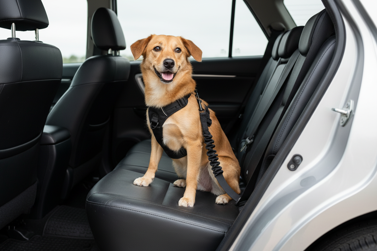 Dog secured with tether in Toyota Fortuner back seat